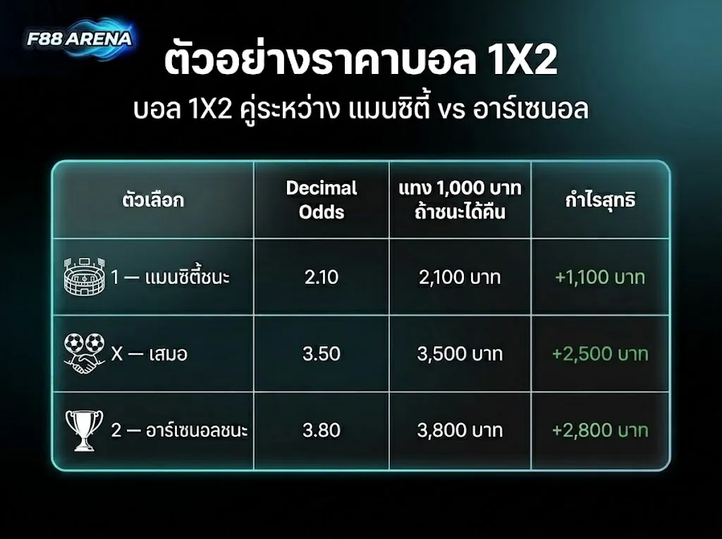 ตัวอย่างราคาบอล 1X2 แมนซิตี้ vs อาร์เซนอล decimal odds 2.10 3.50 3.80 กำไรสุทธิแทง 1,000 บาท