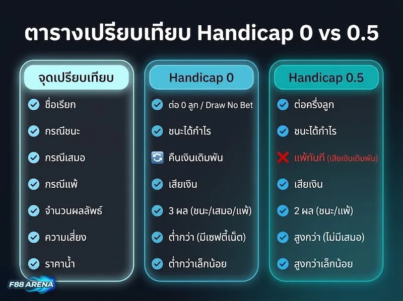 อินโฟกราฟิกตารางเปรียบเทียบ handicap 0 และ handicap 0.5 กรณีเสมอต่อ 0 ลูก Draw No Bet คืนเงิน
