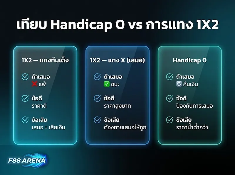 อินโฟกราฟิกเปรียบเทียบ handicap 0 กับการแทง 1X2 สามรูปแบบ ผลเสมอต่างกันอย่างไร
