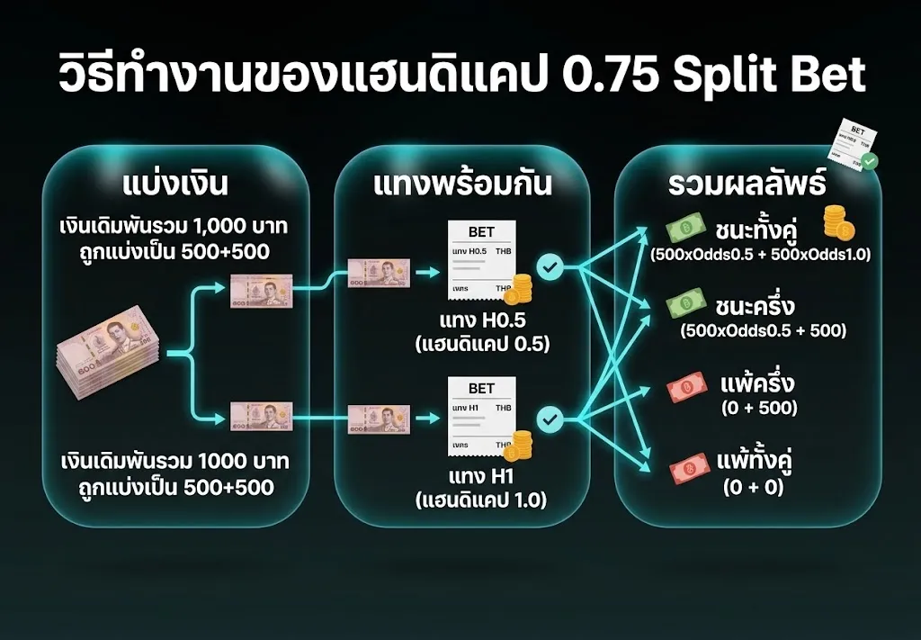 วิธีทำงานของแฮนดิแคป 0.75 Split Bet แบ่งเงิน 500+500 แทง H0.5 และ H1 พร้อมกัน แล้วรวมผล