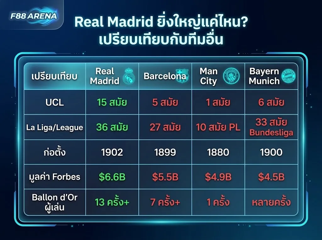 เปรียบเทียบ Real Madrid vs Barcelona vs Man City vs Bayern Munich UCL 15 สมัย มูลค่า 6.6 พันล้านดอลลาร์ ทีมที่ยิ่งใหญ่ที่สุดในโลก