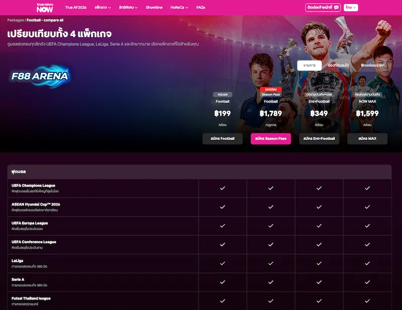 TrueVisions NOW แพ็กเกจดูบอลสด 2026 UEFA Champions League ลาลีกา Serie A ราคาเริ่ม 199 บาทต่อเดือน